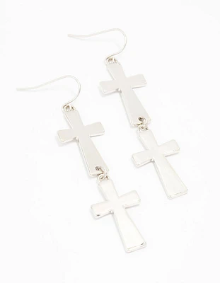 Silver Double Cross Drop Earrings