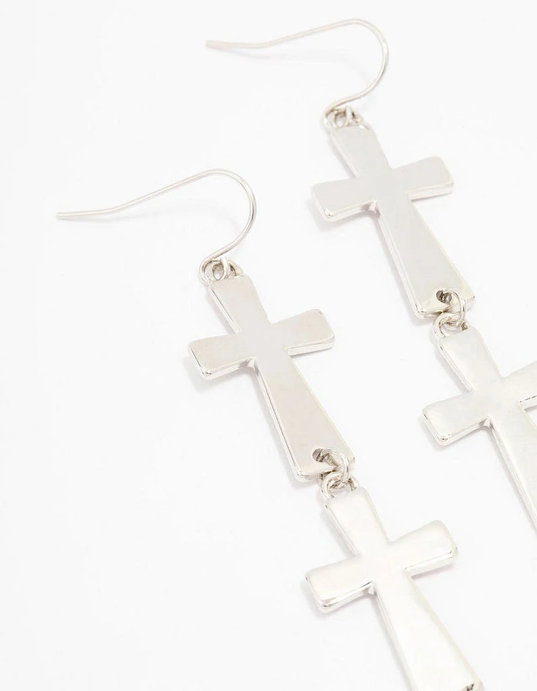 Rhodium Double Cross Drop Earrings