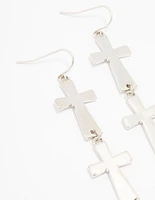 Rhodium Double Cross Drop Earrings