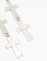 Silver Double Cross Drop Earrings