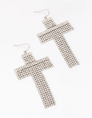 Silver Flowing Cross Drop Earrings