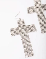 Rhodium Flowing Cross Drop Earrings