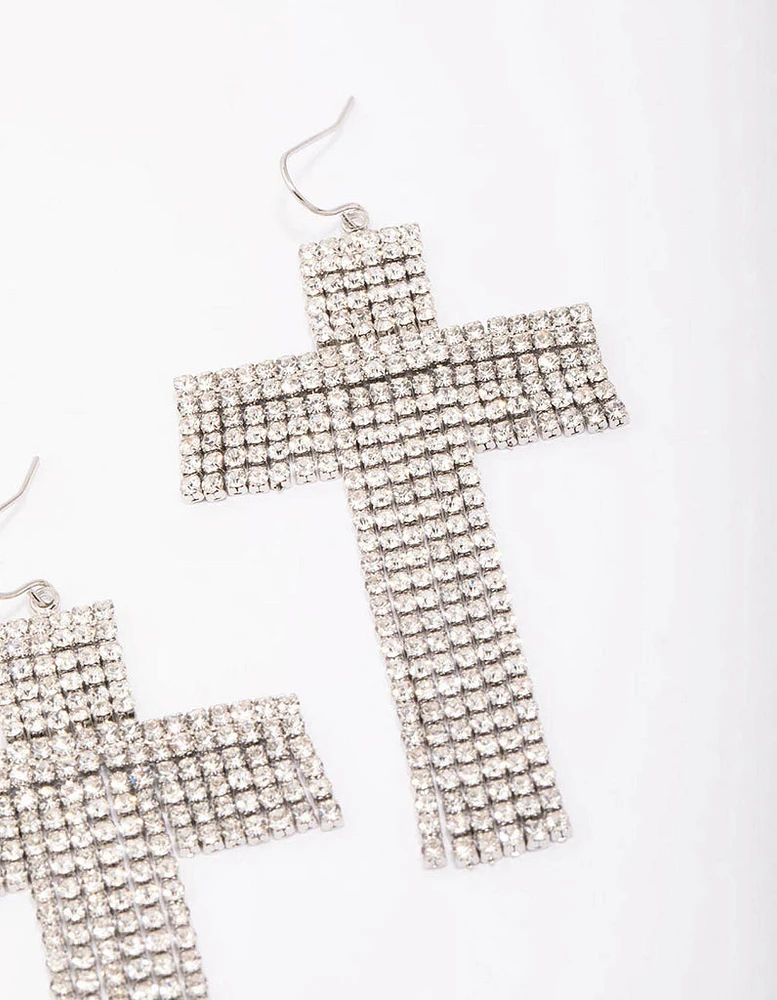 Rhodium Flowing Cross Drop Earrings