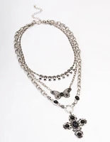 Antique Silver Butterfly Cross Stone Layered Necklace