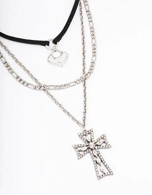 Silver Diamante Cross Cord Layered Necklace