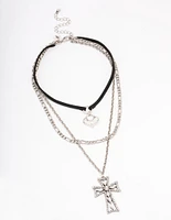 Rhodium Diamante Cross Cord Layered Necklace