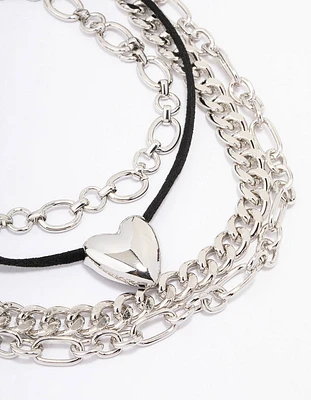 Silver Puffy Heart Layered Mixed Chain Necklace