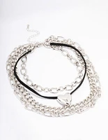 Rhodium Puffy Heart Layered Mixed Chain Necklace