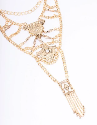 Gold Elaborate Detailed Chain Statement Necklace