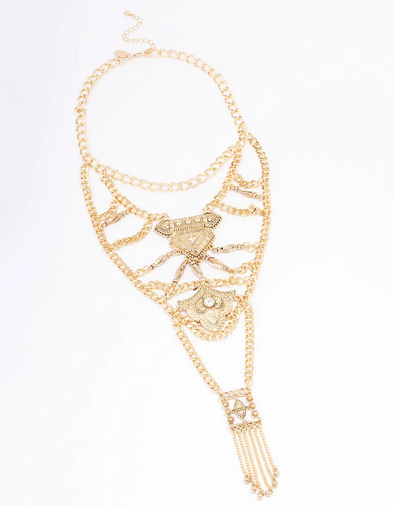 Gold Elaborate Detailed Chain Statement Necklace