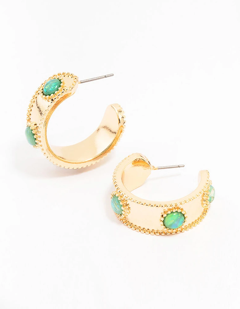 Gold Textured Stone Hoop Earrings