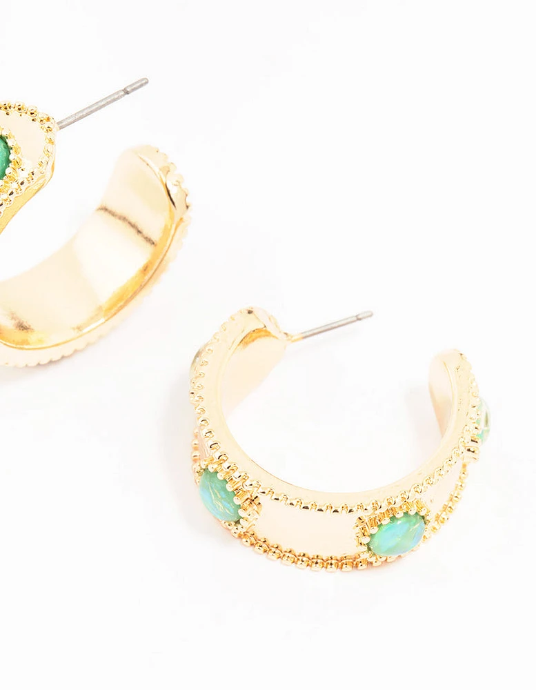 Gold Textured Stone Hoop Earrings