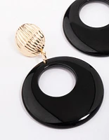 Gold & Black Ribbed Circular Drop Earrings