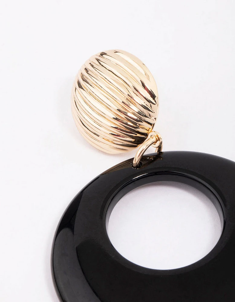 Gold & Black Ribbed Circular Drop Earrings