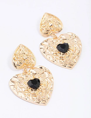 Gold Double Heart Stone Drop Earrings