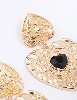 Gold Double Heart Stone Drop Earrings