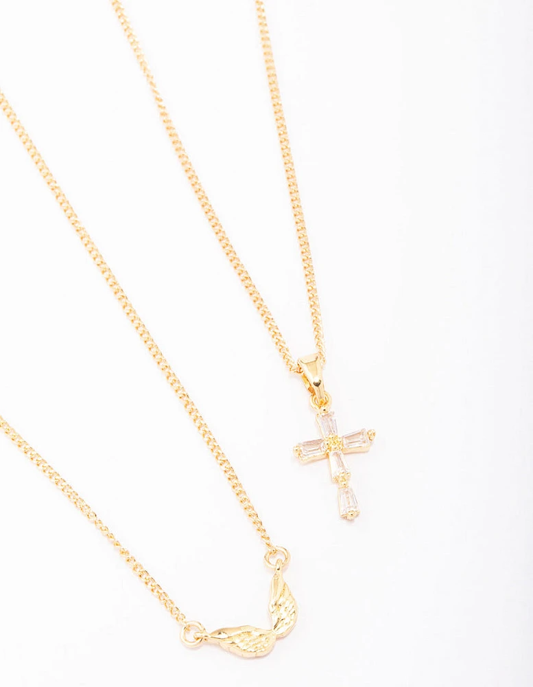 Gold Plated Wings & Diamante Cross Necklace 2-Pack