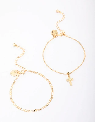 Gold Plated Figaro & Ball Cross Bracelets 2-Packs