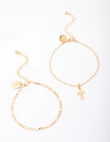 Gold Plated Figaro & Ball Cross Bracelets 2-Packs