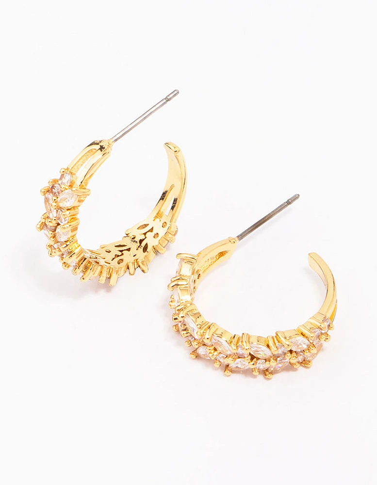 Gold Plated Marquise Cubic Zirconia Herringbone Hoop Earrings