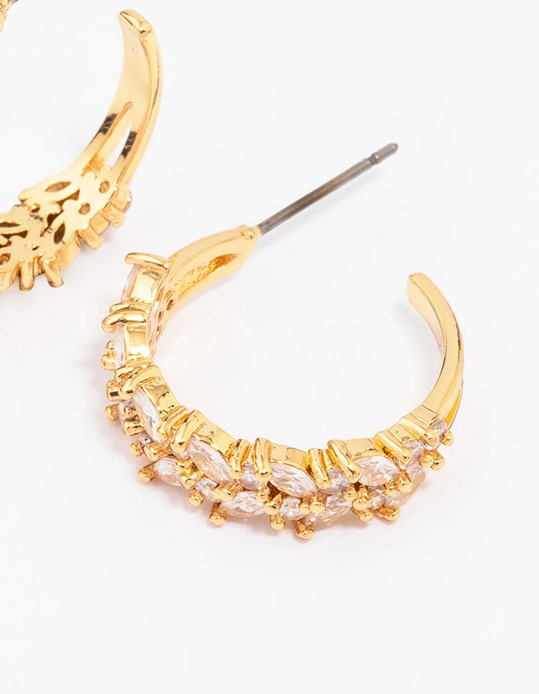 Gold Plated Marquise Cubic Zirconia Herringbone Hoop Earrings