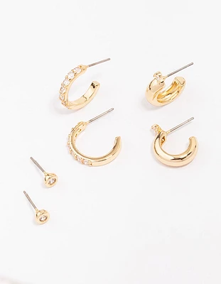 Gold Plated Cubic Zirconia Chunky Hoop Earring 3-Pack