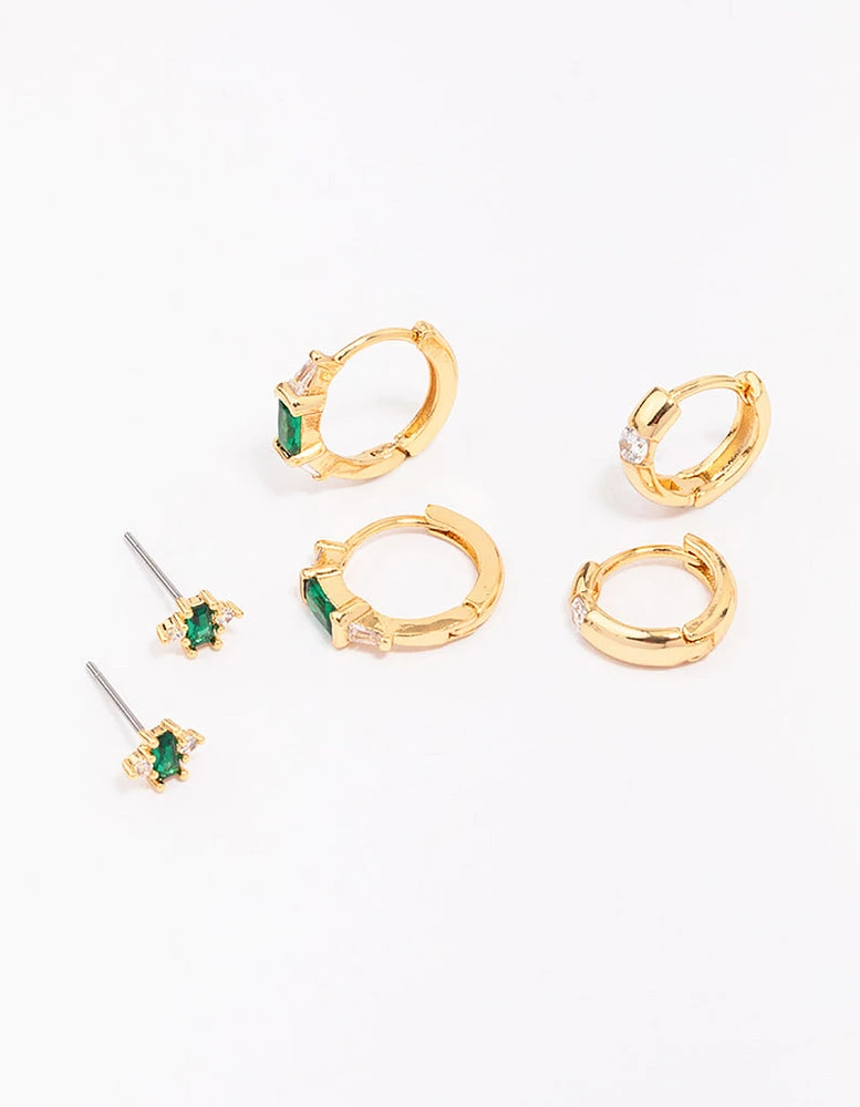 Gold Plated Emerald Boho Baguette Earring 3-Pack