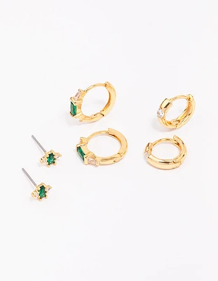 Gold Plated Emerald Boho Baguette Earring 3-Pack