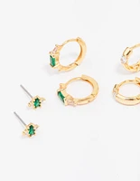 Gold Plated Emerald Boho Baguette Earring 3-Pack