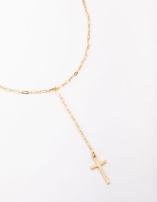 Gold Plated Cable Cross Lariat Necklace