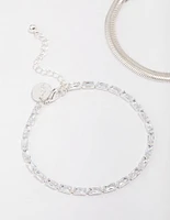 Silver Plated Cubic Zirconia Baguette Snake Double Chain Bracelet Pack