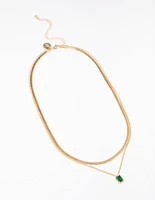 Gold Plated Baguette Snake Emerald Layered Necklace