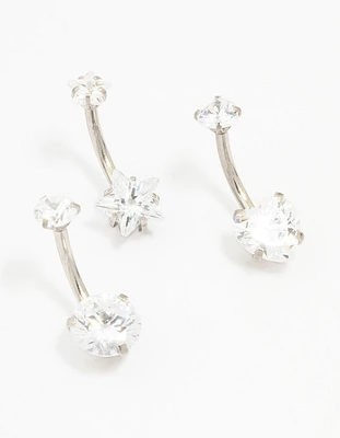 Surgical Steel Star & Heart Crystal Belly Piercing 3-Pack