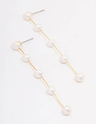 Gold Plated Freshwater Pearl Long Dainty Drop Earrings