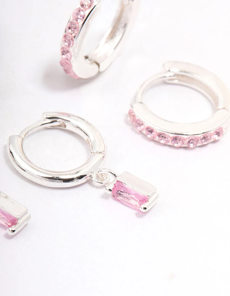 Silver Plated Pink Baguette Earring 3-Pack