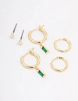 Gold Plated Cubic Zirconia Emerald Baguette Earring 3-Pack