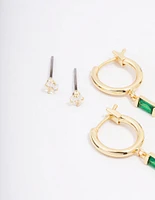 Gold Plated Cubic Zirconia Emerald Baguette Earring 3-Pack