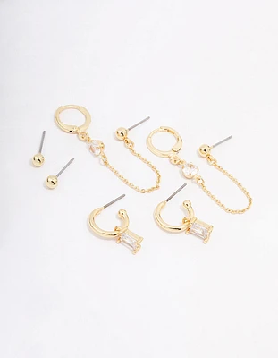 Gold Plated Baguette Hoop Chain Earring 3-Pack