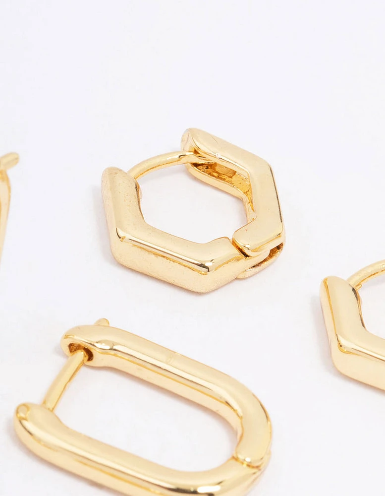 Gold Plated Hexagon Hoop Earring 3-Pack