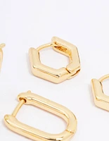 Gold Plated Hexagon Hoop Earring 3-Pack