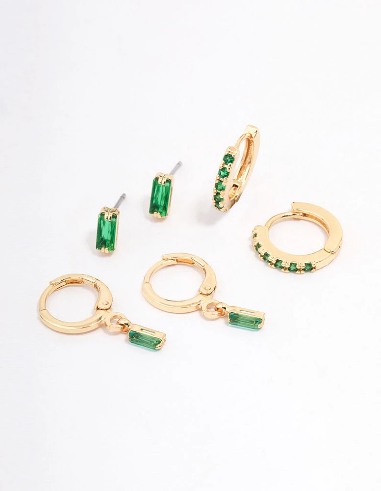Gold Plated Emerald Baguette Earring 3-Pack