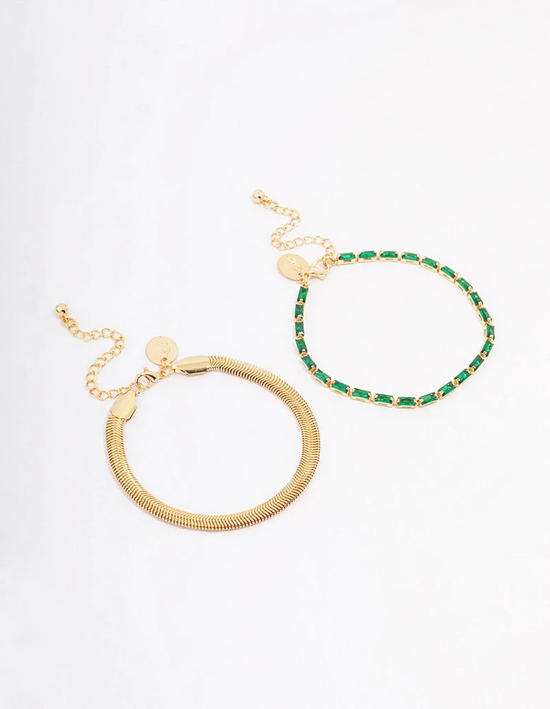 Gold Plated Baguette & Snake Chain Bracelet Pack