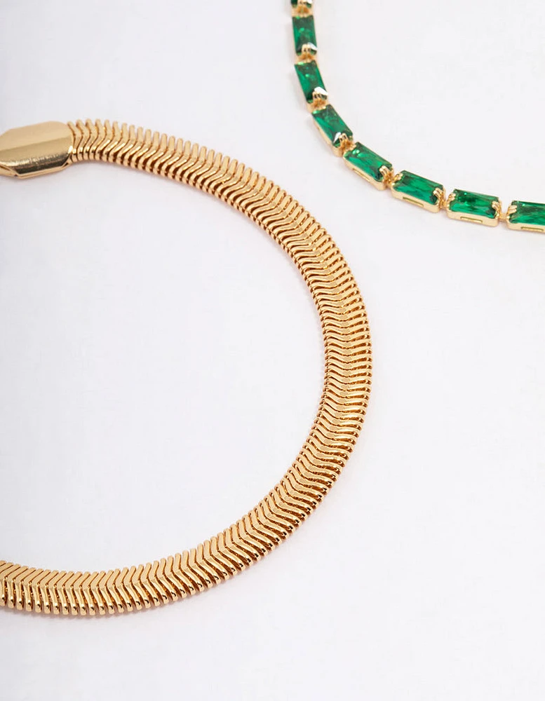 Gold Plated Baguette & Snake Chain Bracelet Pack