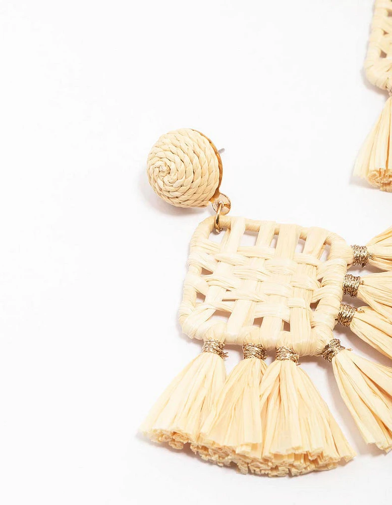 Cream Woven Square Tassel Drop Earrings