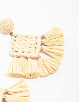 Cream Woven Square Tassel Drop Earrings