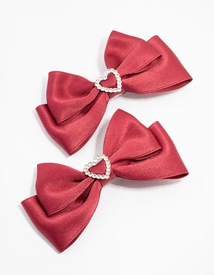 Red Fabric Bow with Diamante Heart Clip 2-Pack