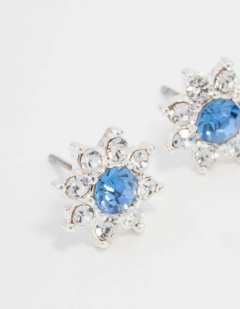 Blue Bohemia Czech Crystal Flower Halo Gold Stud Earrings