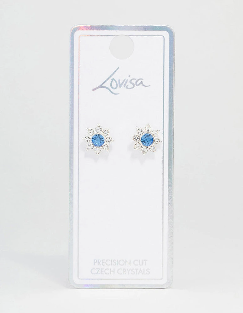 Blue Bohemia Czech Crystal Flower Halo Gold Stud Earrings