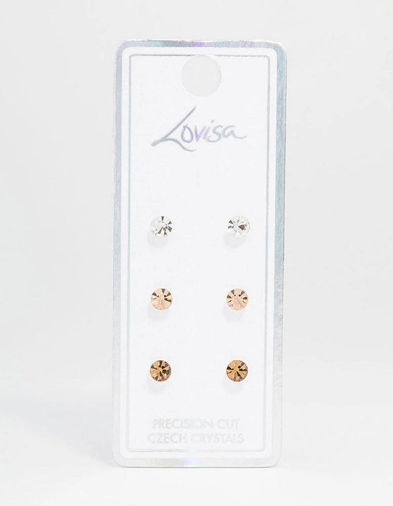 Silver Circular Bohemia Czech Crystal Stud Earrings 3-Pack