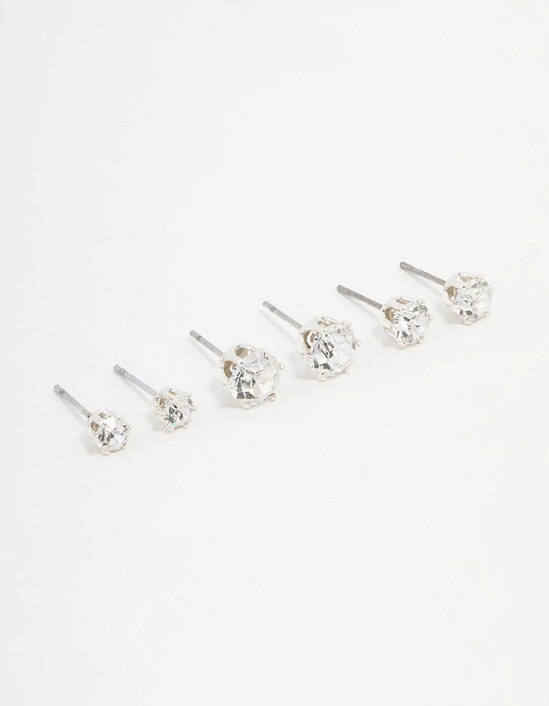 Silver Plated Hexagon Czech Bohemia Crystal Stud Earrings 3-Pack